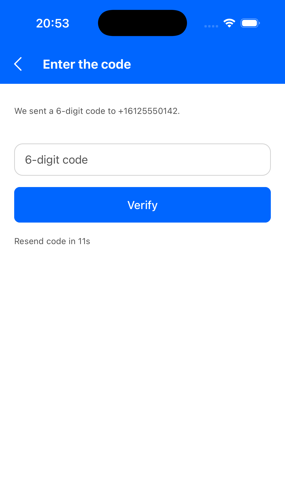 Cadre app — 6-digit verification code entry screen